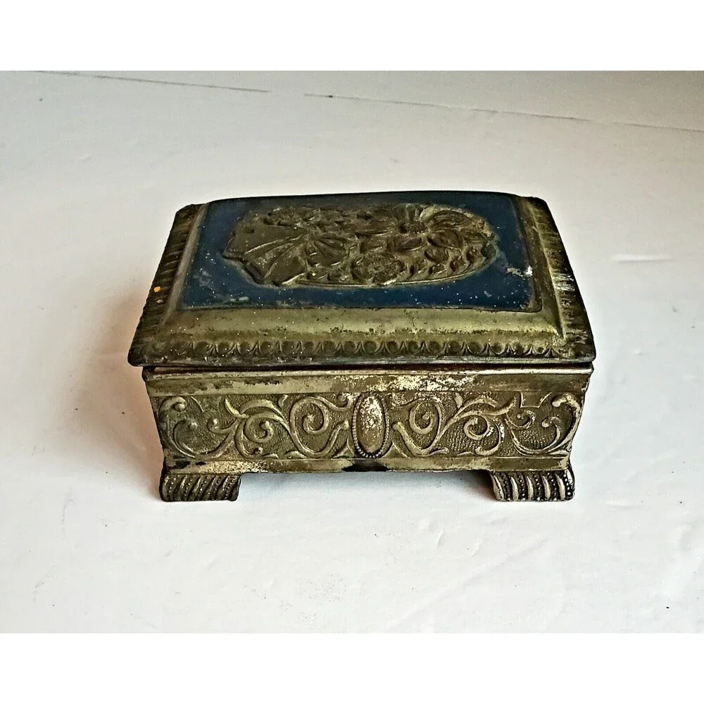 Silver Toned Footed Trinket Box Occupied Japan Blue Top Embossed Rose Vintage